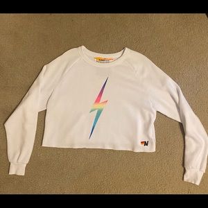 Aviator Nation Bolt Cropped Sweatshirt - White // Rainbow Pink